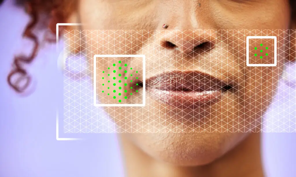 Dermatology, skincare and face of woman with overlay isolated in a studio purple background for wellness. Beauty, care and person with analysis of skin, product benefits and facial information