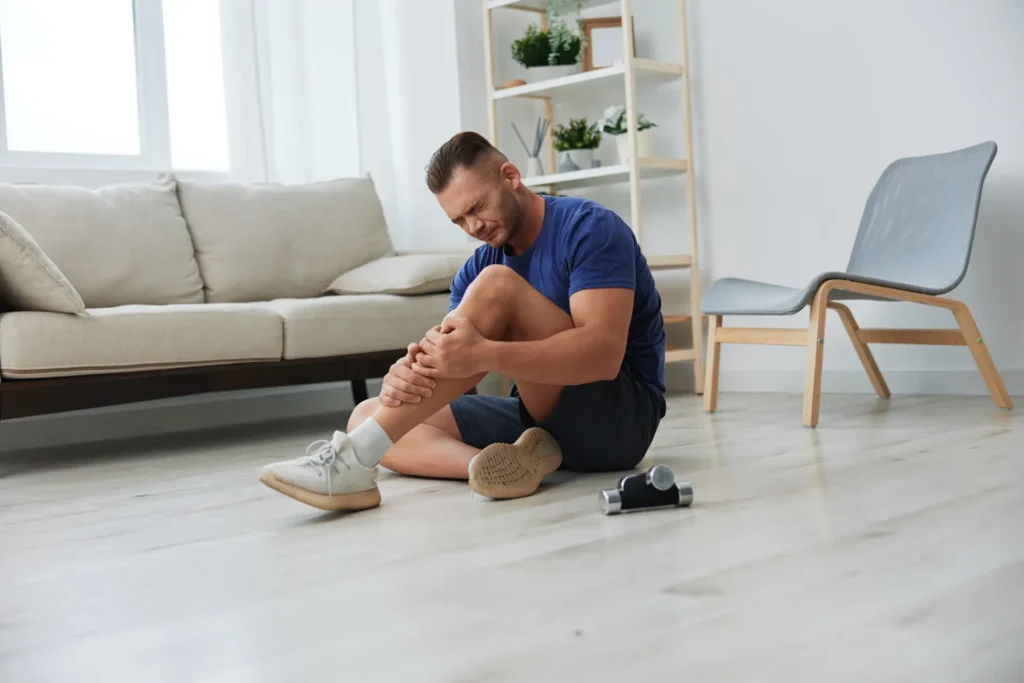 Man athlete pain and injury back arm and leg at home, sports injury bodybuilder, concept health and beauty