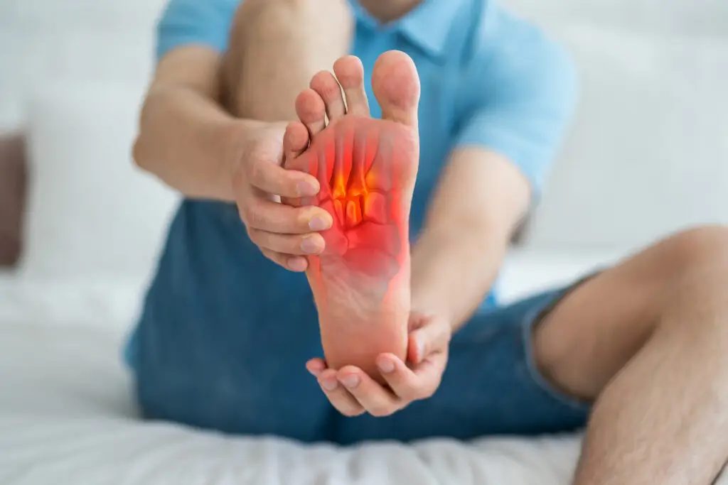 Joint diseases, hallux valgus, plantar fasciitis, man's leg hurts, pain in the foot